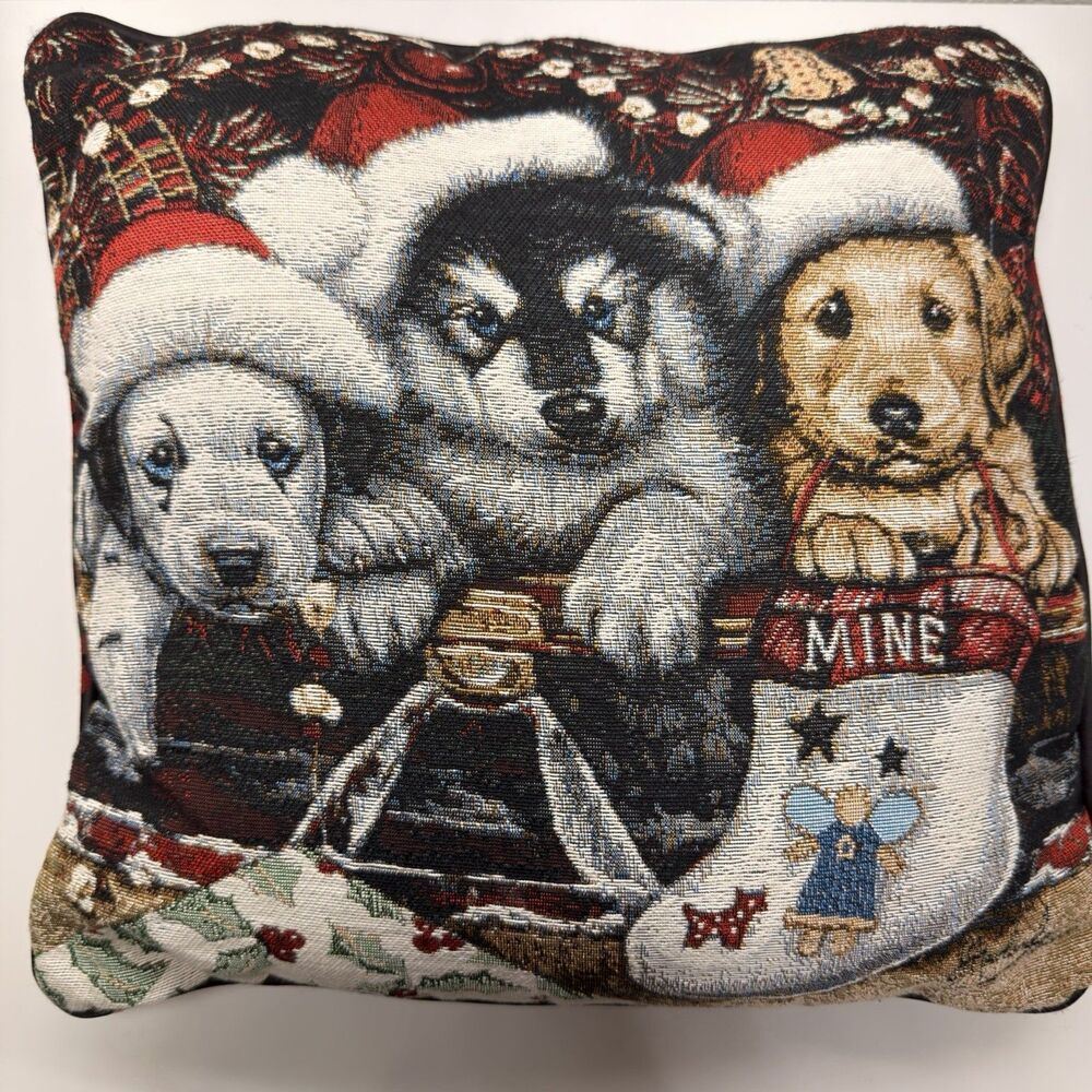 Jenny Newland "Holiday Puppies" Christmas Pillow Husky Dalmatian Golden Tapestry